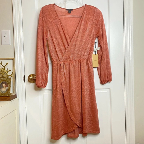 NWT Halogen Women's Sparkle Long Sleeve Faux Wrap Dress Rust Marsala SZ … - Picture 4 of 9